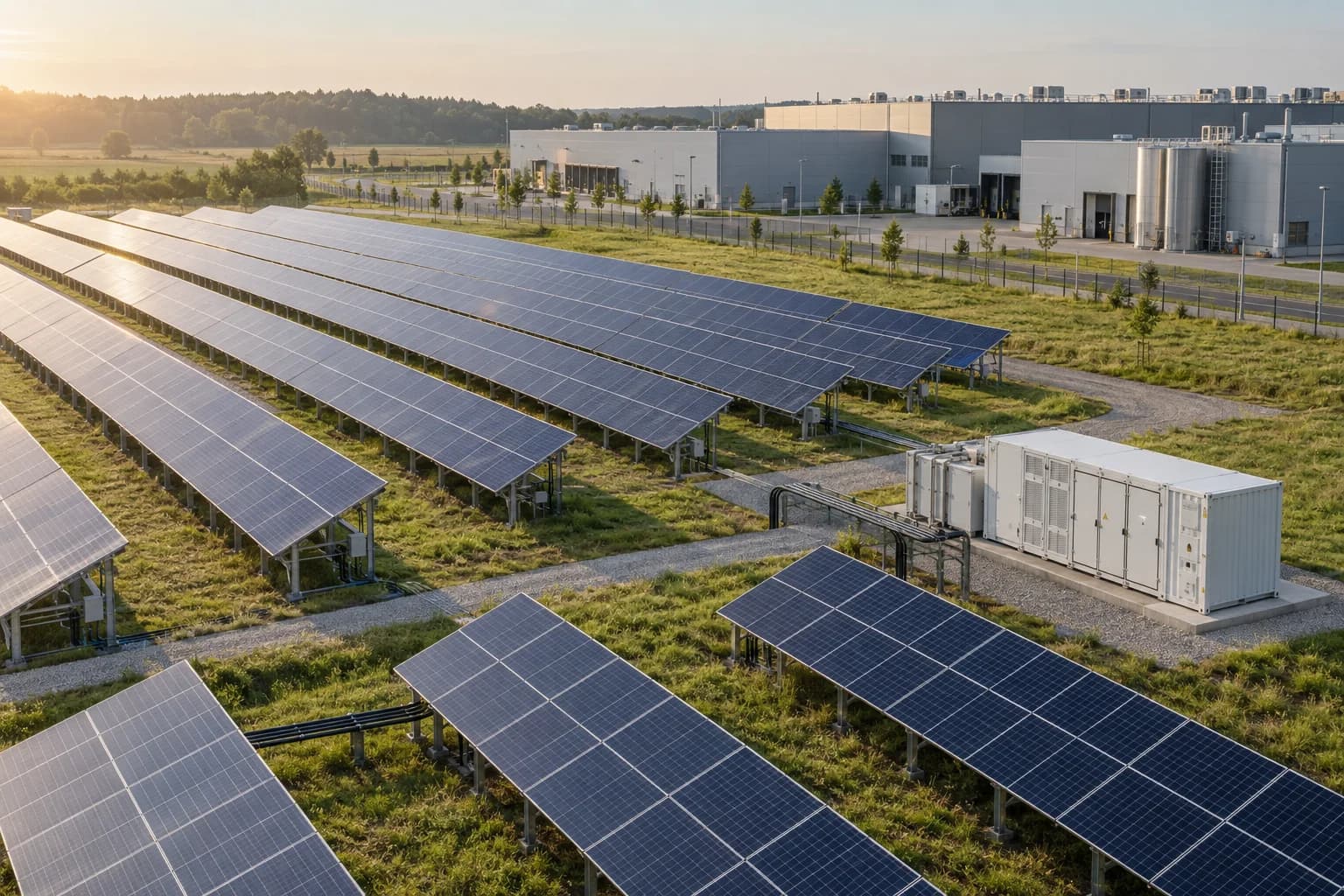 Panele fotowoltaiczne i magazyny energii przy zakładzie przemysłowym